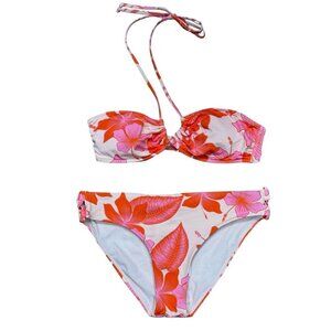 Roxy Juniors Sz S / M Bikini Swimsuit Hibiscus Printed Orange Pink NWT New